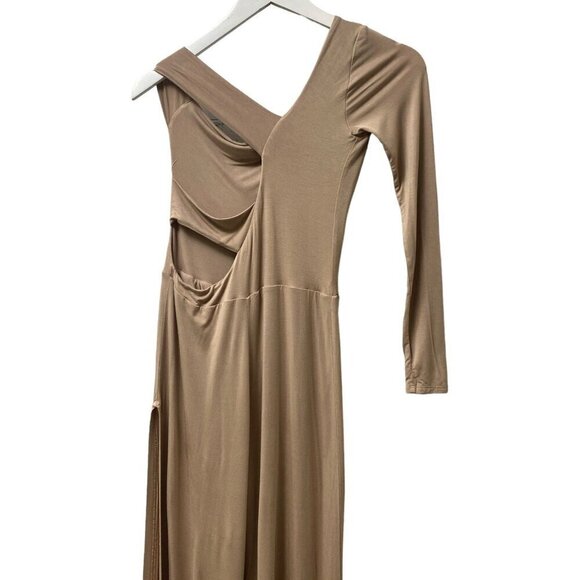 DIOSA Jumpsuit Size Medium Stretch Knit Beige High Slit One Shoulder Cut out - Picture 3 of 8